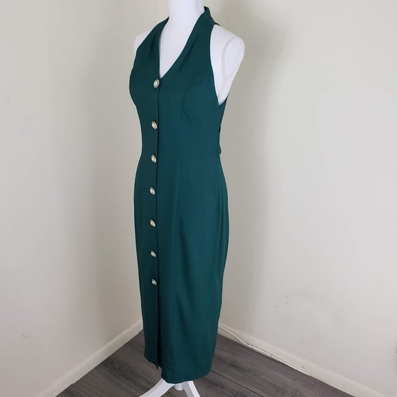 Vintage Knapp Studio Sleeveless Buttoned Halter Neck Dress Emerald Green Size 7 - Picture 5 of 11